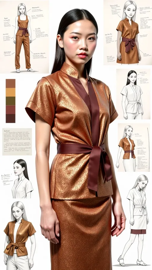 Prompt: A hyper-realistic digital portrait of a beautiful 22-year-old East Asian woman with a Korean model-like appearance, wearing a traditional Indonesian batik kemben. The batik fabric has rich brown and gold leaf motifs with intricate patterns. The setting includes surrounding fashion design sketches, color palette swatches, and handwritten technical notes. Soft lighting, white background, fashion illustration style with a balance of realism and design overlay."