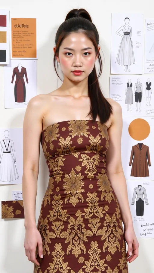 Prompt: A hyper-realistic digital portrait of a beautiful 22-year-old East Asian woman with a Korean model-like appearance, wearing a traditional Indonesian batik kemben. The batik fabric has rich brown and gold leaf motifs with intricate patterns. The setting includes surrounding fashion design sketches, color palette swatches, and handwritten technical notes. Soft lighting, white background, fashion illustration style with a balance of realism and design overlay."