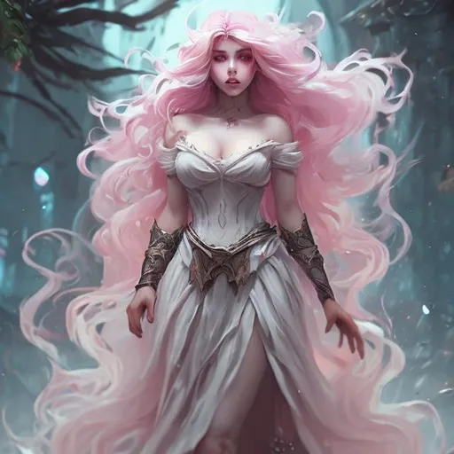 Prompt: create a gorgeos lady with long pink fluffy curly hair in a long fluffy white dress a masculen warior
wide landscape lense, ISO 500, Aperture f/22, APS-C, Splash art, dark fantasy art, stunning bokeh, super detailed, 64k, high quality perfect lighting, perfect shadows.