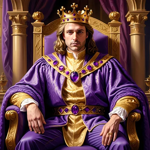 Prompt: King Rich digital painting with opulent gold and royal purple tones, regal crown and robe, majestic throne, detailed facial features, luxurious palace setting, textured oil painting style, warm and soft lighting, high quality, regal, opulent, royal purple, gold accents, majestic, luxurious palace, oil painting, warm lighting, detailed facial features