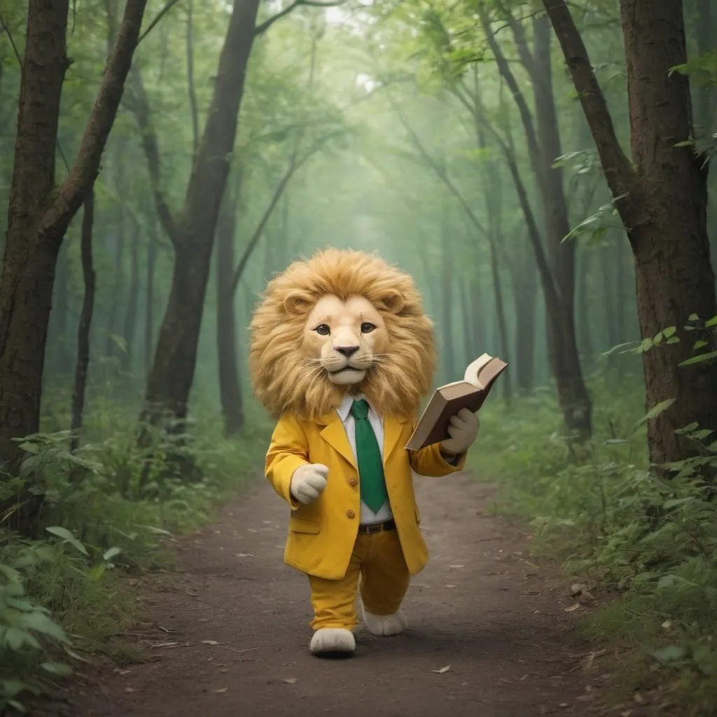 Prompt: a lion lonely  walking in the forest , yellow clothes and green and curly hair, hair flowing in the wind , lawyer is his profession, face very friendly ,it is timidity, please don't forget my cute tail .he read a book 
