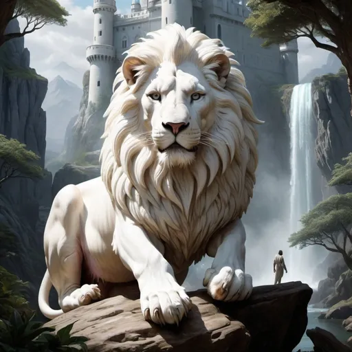Prompt: A mysterious island with plenty of sunshine, hyper realistic. Beautiful large white hyper realistic majestic castle guarded by a hyper realistic male muscular white lion. A strikingly mystical creature, reminiscent of a large, magical female monster, takes center stage in this vintagepunk artwork. The image, possibly a captivating painting or a carefully captured photograph, showcases an awe-inspiring big white creature with an ethereal aura. Its mottled shade of white encompasses a weathered yet mesmerizing appearance, emanating an air of enigmatic beauty. Every minute detail of this creature's otherworldly form, from its intricate scales to its flowing mane, is portrayed with exquisite quality, capturing the viewer's attention. This artistry exudes a sense of vintage charm while simultaneously evoking a futuristic essence, lending the image a unique and captivating appeal.