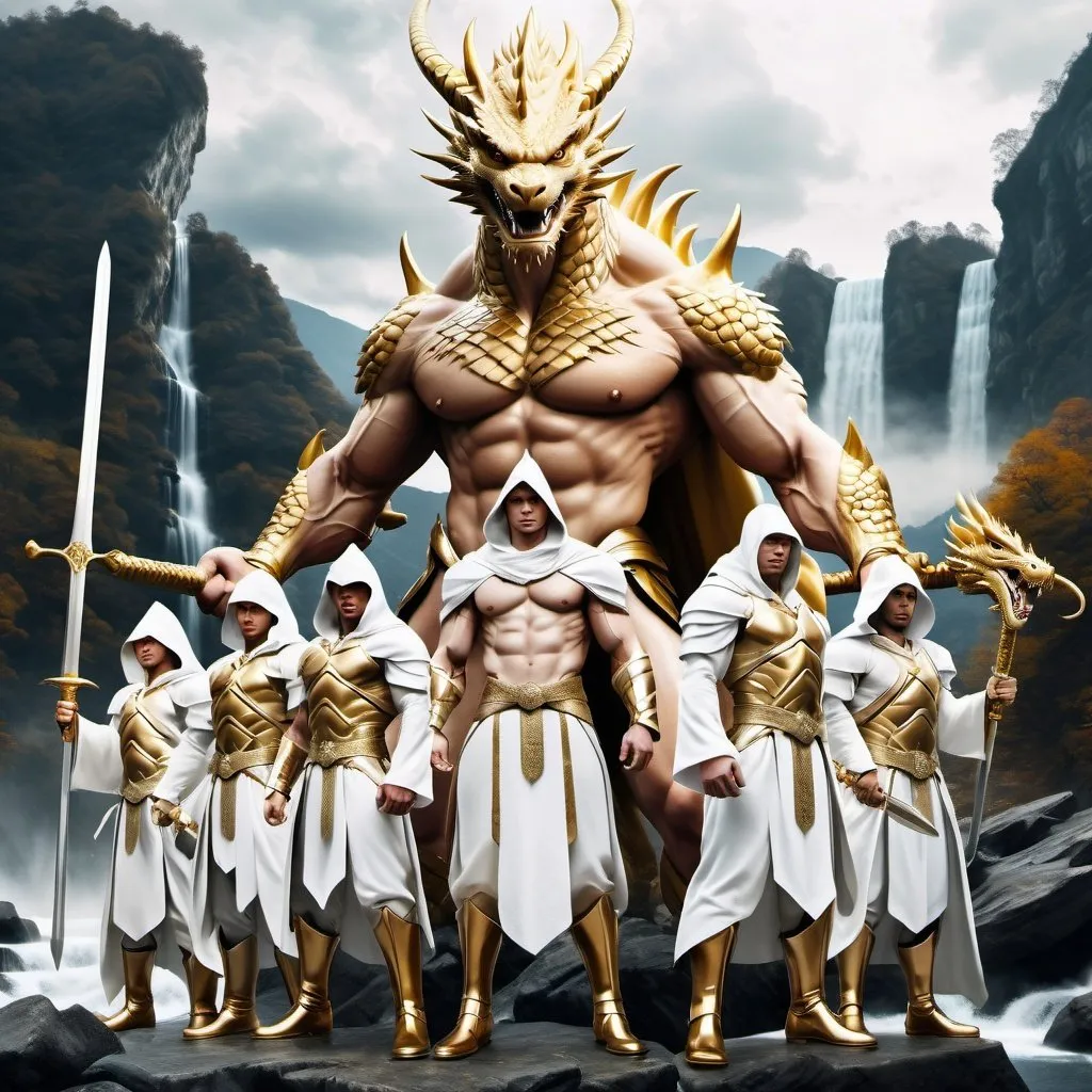 Prompt: Mysterious group of warriors in white robes muscular in size holding golden majestic swords no Faces are covered with hoods royal nobility look hyper realistic with golden boots
Background of all White Castle in the distance on a mountain surrounded by waterfalls and a faint white and black dragon in the sky
