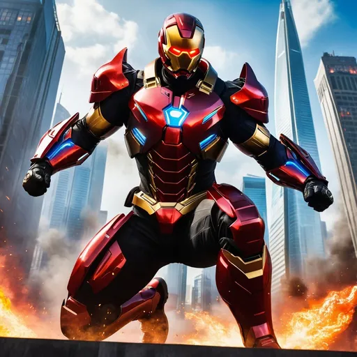Prompt: A high ground angle shot, skyscrapers on low ground, Etan Hunt from Mission Impossible fighting at war, raging, character design, body is adorned with glowing golden runes, red and blue aura around him, body dynamic epic action pose, detailed anime style, fw murano style, full body GALAXY armour, plumes of jet black plumes smokes, In the style of Prokoko, with a focus on bold, expressive brushstrokes and vivid colors, china ink effect, The modifier is CarnageStyle, the color is blood_red, and the intensity is 1.6, the lighting is cinematic, the angle is dynamic, the details are extreme
