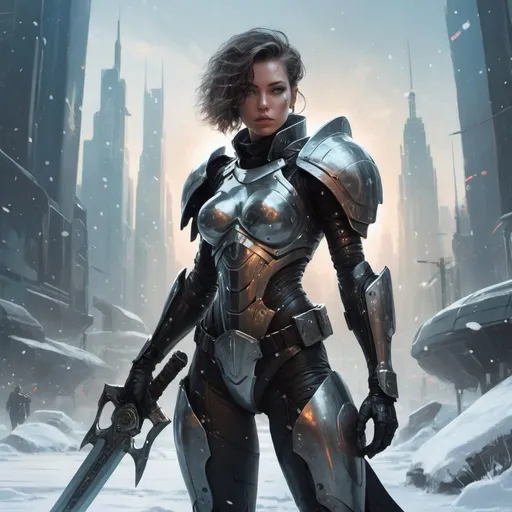 Prompt: a woman in a futuristic suit holding a sword and shield in the snow with a city in the background, Aleksi Briclot, retrofuturism, armor, cyberpunk art