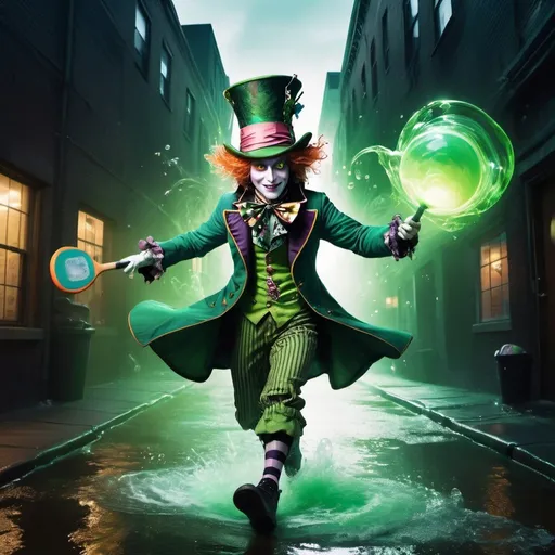 Prompt: an anthropomorphic Mad Hatter in green and tophat is depicted in an action pose, swirling water with a pickleball paddle in hand, floating above a street in a dark city alleyway, swirling magic effects and swirling energy waves surround the Mad Hatter, with a green glow on his face and body, looking at the camera, hyper detailed, movie still, ultrawide