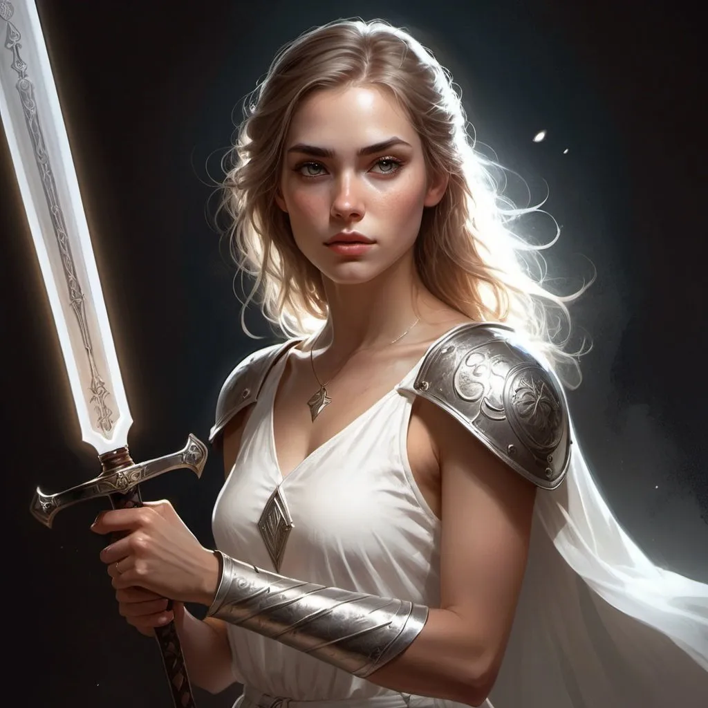 Prompt: a woman in a white dress holding a sword and a shield with a light shining on her face and a sword in her hand, Charlie Bowater, fantasy art, epic fantasy character art, concept art hyper realistic pickleball paddle in her hand