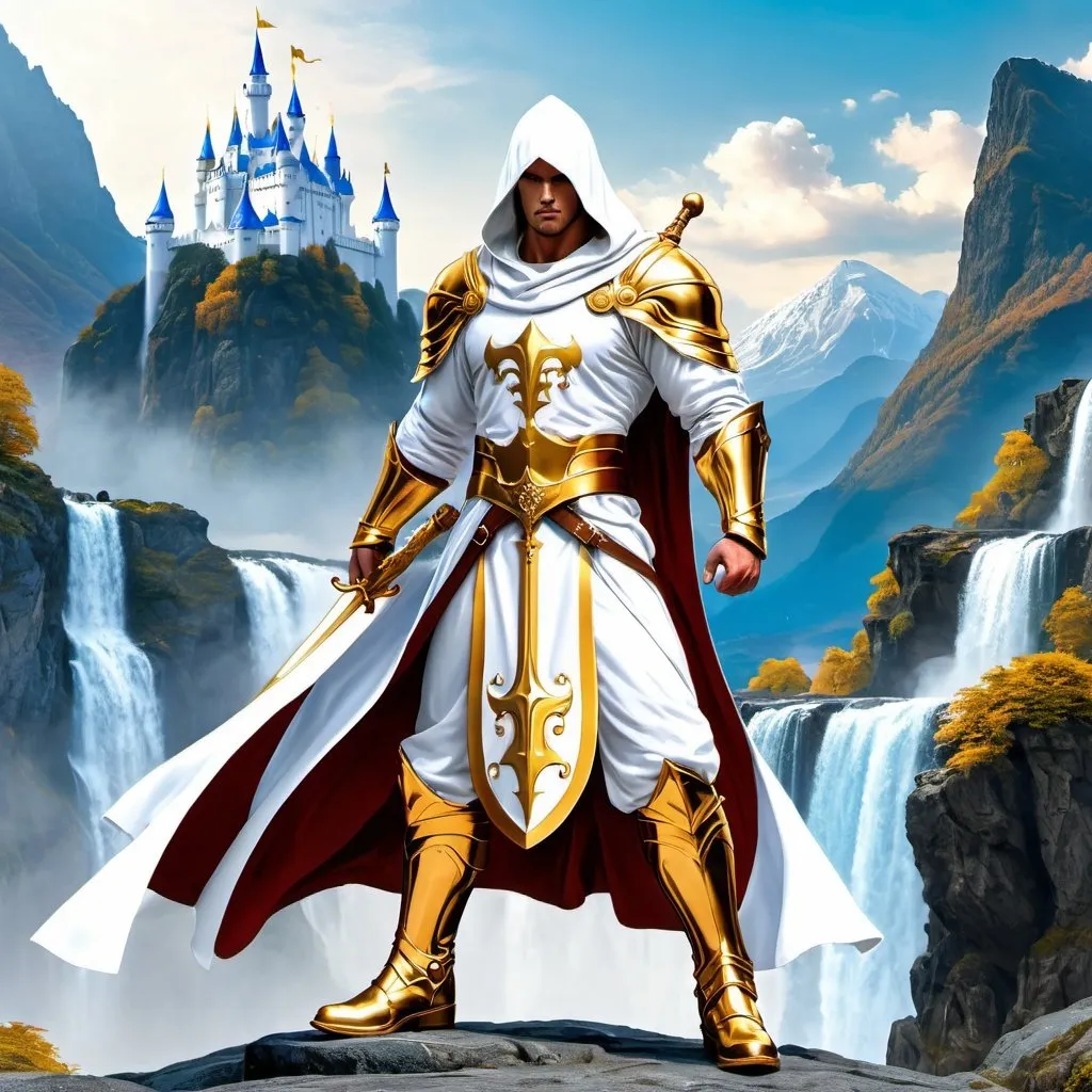 Prompt: Mysterious male warrior in white robe very beautiful  muscular in build with holding golden majestic sword and shield no Faces are covered with hoods royal nobility look hyper realistic with golden boots.
Background of all White Castle with blue roof in the distance on a mountain surrounded by waterfalls. 
