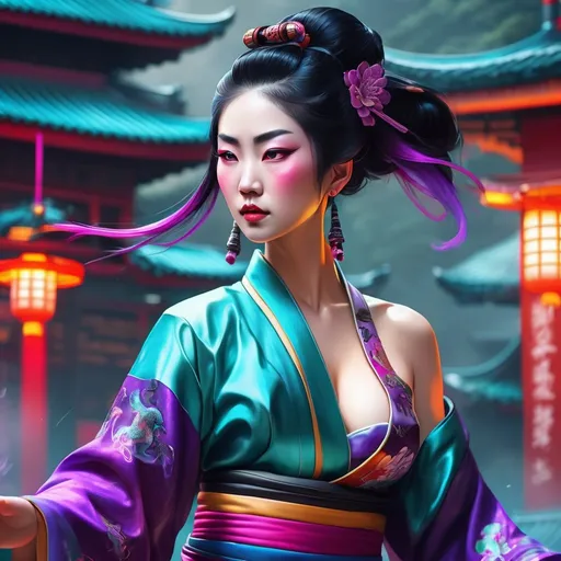 Prompt: A stylized digital painting mixed with oil painting, Hyper-Maximalism, hyper-realistic, masterpiece, award-winning, ultra detailed, ultra HD, <teal and purple> hair stunning robust Chinese femme fatale, wearing off the shoulder <black> geisha/ hanfu, elaborate dragon tattoo on chest, performing a wushu fighting style pose <holding a sword, oriental fantasy theme, ‹teal and purple > glossy reflective glowing ribbon mist swirling in the background, motion shot, dynamic lighting, high saturation, bright colors, 8K, HDR, artstation, maya renderer