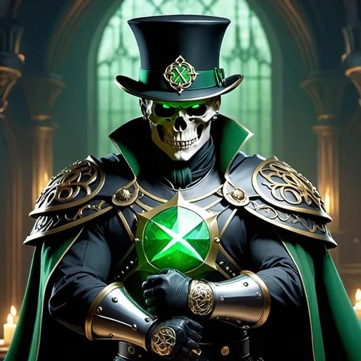 Prompt: 
Create an image of a character with a dark fantasy aesthetic. The character poses majestically, facing forward but looking slightly to the side, exuding an air of enigmatic power. They wear a high, Victorian-style top hat in a deep, rich green adorned with a lighter green ribbon and a whimsical, cartoonish skull with eye holes forming the shape of "X"s.
Perched atop the brim of the hat is a pair of green dice. The character's attire consists of a leather armor set that is intricate and detailed, bearing elaborate Celtic-inspired embossing throughout.
The armor is a combination of darker green shades and metallic undertones, suggesting a blend of nature and battle-readiness. A portion of a muscular chest is visible, highlighting physical strength, and a cloak or scarf drapes over one shoulder. In one hand, which peeks into the foreground, the character holds a round shield. The shield shares the same ornate design language as the armor, with patterns and styles that echo ancient craftsmanship. It's held by a bracer-clad arm, reinforcing the warrior vibe. The background is shrouded in shadow but hints at a cavernous, perhaps mystical setting with stalactites and pockets of subtle blue illumination that barely pierce the overall darkness, ensuring the focus remains on the character. There's an ethereal glow, likely due to ambient light catching the edges of the character's silhouette, providing a faint outline that adds to the mysterious atmosphere. 