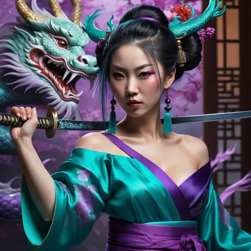 Prompt: A stylized digital painting mixed with oil painting, Hyper-Maximalism, hyper-realistic, masterpiece, award-winning, ultra detailed, ultra HD, <teal and purple> hair stunning robust Chinese femme fatale, wearing off the shoulder <black> geisha/ hanfu, elaborate dragon tattoo on chest, performing a wushu fighting style pose <holding a sword, oriental fantasy theme, ‹teal and purple > glossy reflective glowing ribbon mist swirling in the background, motion shot, dynamic lighting, high saturation, bright colors, 8K, HDR, artstation, maya renderer