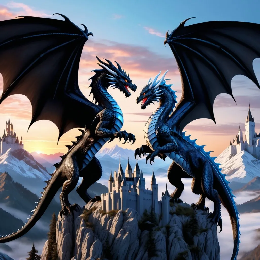 Prompt: two Western-style dragons admiring the mountains. Quadruped. one dragon Glowing Black color with blue eyes and the other dragon glowing all white color Overlooking a magestic hyper realistic white castle and kingdom. Athletic and muscular. Soft looking wings. Smooth body design. Honorable and proud. Sunrise setting. Highly detailed painting. Magical atmosphere. 8k.