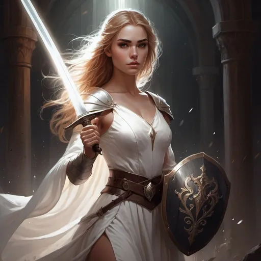 Prompt: a woman in a white dress holding a sword and a shield with a light shining on her face and a sword in her hand, Charlie Bowater, fantasy art, epic fantasy character art, concept art