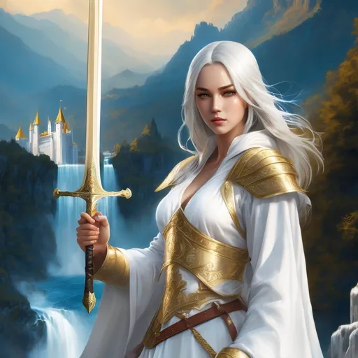 Prompt: Mysterious female warrior in white robe very beautiful with white long hair holding golden majestic Sword, Face are covered with hoods royal nobility look hyper realistic with golden boots.
Background of all White Castle with blue roof in the distance on a mountain surrounded by waterfalls. 
