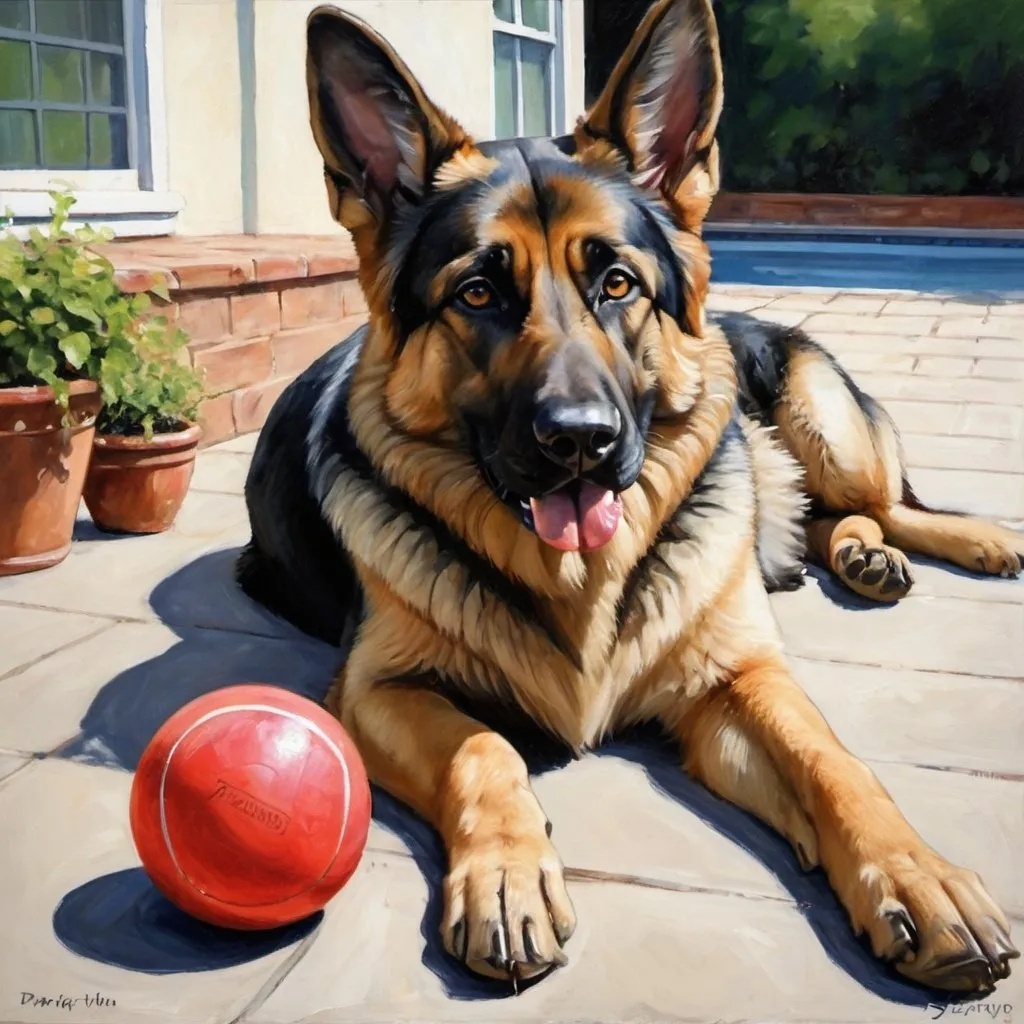 Prompt: german shepard dog, lying on patio, with ball between front paws, painting