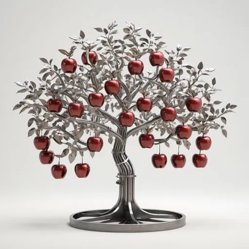 Prompt: steel mechanical apple tree on plain background
