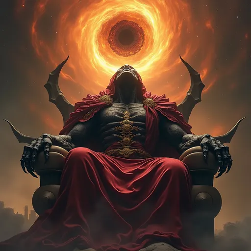 Prompt: A colossal, dark figure, seemingly humanoid, sits enthroned amidst swirling, fiery nebulae. The figure wears ornate, crimson robes with gold accents, draped over a skeletal, black body structure.  Its hands, long and clawed, are raised in a gesture of power, reaching toward a colossal, fiery eye in the center of the swirling nebula. The figure's face is obscured by shadows.  The composition is dynamic, with the figure centered and the eye dominating the upper portion of the frame.  The perspective is from slightly below, emphasizing the figure's imposing presence.  The colors are intense, with deep reds and oranges contrasting with the black and dark grays. The style is stylized and fantastical. The atmosphere is ominous and powerful, evoking a sense of cosmic dread.  Important details include the intricate designs on the robes, the texture of the dark, organic flesh, and the swirling, celestial backdrop.