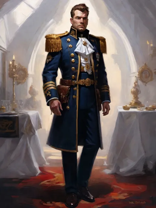 Prompt: (Full-body) oil painting portrait of (wizened) male Warhammer 40k Navy Officer standing in voidship interior, Warhammer 40k imperial navy officer dress uniform, (white dress shirt) (ornate navy tunic) (ornate navy greatcoat with ornate naval epaulets with gold tassels), ((dark red-brown leather dress shoes)), dress uniform (white pants), high gothic architecture, dark gritty tones, dark atmospheric lighting, professional illustration, art, painted, painterly, impressionist brushwork, worry lines in forehead, brown thick crew cut, brown thick styled beard, (wh40k), Warhammer, (wh40k voidship), interior, inside, fierce confident expression, highly detailed piercing ((brown eyes)), ((highly detailed facial features)), stoic standing pose, white gloves, Valeriy Vegera art style, (highly detailed background), high detail, 