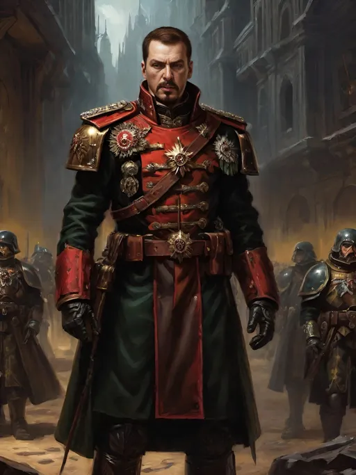 Prompt: (Full-body) oil painting portrait of human male ((Warhammer 40k commissar)) shouting and giving orders to a {40k imperial guard regiment} in background, short thick (brown hair), thick full (brown beard), (((Warhammer 40k))), wh40k, fierce expression, Stoic epic standing pose, (piercing brown eyes), professional illustration, painted, art, painterly, {40k imperial guard commissar}, ((heavy flak armor)) {chest piece} breastplate, ornate red and black trench-coat decorated with military medals, ornate military epaulets with ({gold tassels}), ornate (({40k commissar hat})), highly detailed eyes, (highly detailed facial features), (dark tones), highly detailed dark war zone background, impressionist brushwork, dark battlefield background, outside, exterior, astra militarum imperial guard, active war zone background, (wh40k imperial guard) regiment in background, grimdark, gothic fantasy, ornate officer's shoulder cape, highly detailed hands, worry lines, wizened, (40k {imperial guardsmen} {astra militarum} in background), 
