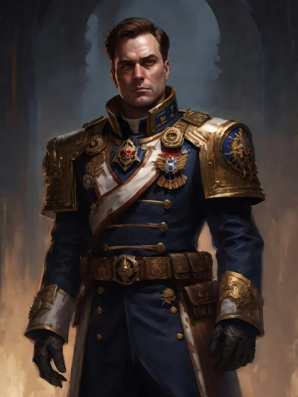 Prompt: (Full-body) oil painting portrait of (wizened) male Warhammer 40k Navy Officer standing in voidship interior, Warhammer 40k imperial navy officer dress uniform, high gothic architecture, dark gritty tones, dark atmospheric lighting, professional illustration, art, painted, painterly, impressionist brushwork, worry lines in forehead, brown thick crew cut, brown thick styled beard, (wh40k), Warhammer, (wh40k voidship), interior, inside, fierce expression, piercing brown eyes, ((highly detailed facial features)), confident regal standing pose, white dress uniform gloves, Valeriy Vegera art style, (highly detailed background), soft highlights, soft shadows, soft art style, 