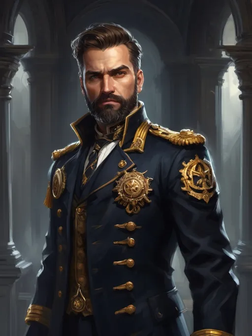 Prompt: (Full-body) oil painting portrait of wizened male (Warhammer 40k Naval Officer) standing in (wh40k voidship interior), (white dress shirt), gold pocket-watch chain, (navy knee-length tunic vest), navy great-cloak with gold-striped cuffs)), naval officer ornate (epaulets with gold tassels), leather red-brown dress shoes, white pants, detailed high gothic architecture, dark gritty tones, dark atmospheric lighting, professional illustration, art, painted, painterly, (worry lines in forehead), brown thick crew cut, (((thick styled brown beard))), (wh40k), Warhammer, (wh40k voidship), interior, inside, fierce confident expression, highly detailed piercing ((brown eyes)), ((highly detailed facial features)), stoic standing pose, white gloves, (Valeriy Vegera art style), (highly detailed background), high detail, ornate detailed gold medallion on gold chain around neck, dark wood interior, dark stone floor, ornate columns, double barrel-vaulted ceiling, impressionist brush strokes, soft highlights, soft shadows, white cravat, 