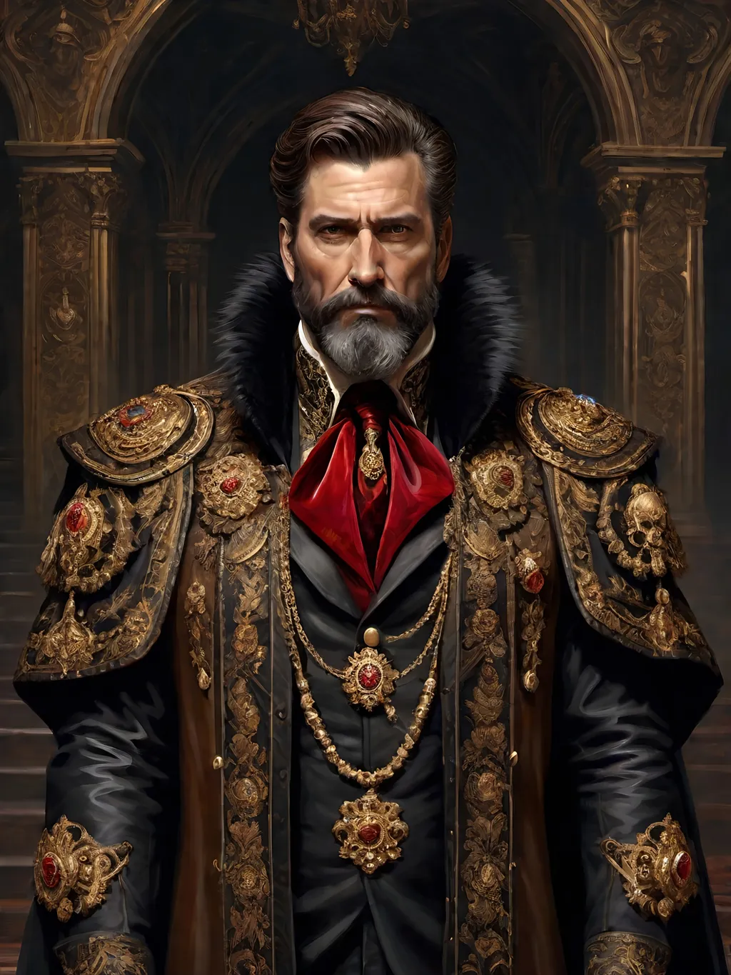 Prompt: (full-body) oil painting of male human Warhammer 40k noble in ornate well-appointed royal palace, dark moody atmospheric lighting, dark gothic fantasy architecture, , highly detailed background, dark gritty tones, highly detailed, professional illustration, painted, art, painterly, impressionist brushwork, thick brown styled hair, full brown styled beard, ((piercing brown eyes)), dark rich wood, ornate columns, intricate marble flooring, high detailed background, professional, warhammer 40k imperium of man, wh40k, imperial palace, imperium of man aquila decoration, ornate posh royal noble clothes, (ruffled white dress shirt), intricate embroidered black-and-gold cravat necktie, fancy ((black fur mantle) with animal head), ornate noble's black (great-cloak), fancy ornate jeweled rings, fancy gold coat-of-arms (brooch), intricately embroidered (red waistcoat), ornate fancy noble's (trench-coat), (Valeriy Vegera art style), ((highly detailed facial features)), royal epic stately standing pose, ornate fancy gold jeweled rings on fingers, 