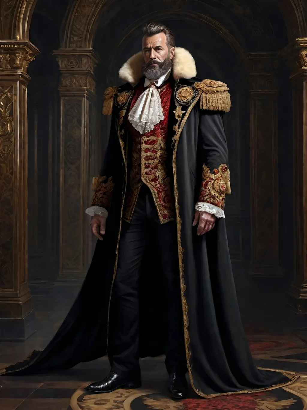 Prompt: (full-body) oil painting of male human Warhammer 40k noble in ornate well-appointed royal palace, dark moody atmospheric lighting, dark gothic fantasy architecture, , highly detailed background, dark gritty tones, highly detailed, professional illustration, painted, art, painterly, impressionist brushwork, thick brown styled hair, full brown styled beard, piercing brown eyes, dark rich wood, ornate columns, intricate marble flooring, high detailed background, professional, warhammer 40k imperium of man, wh40k, imperial palace, imperium of man aquila decoration, ornate posh royal noble clothes, (ruffled white dress shirt), intricate embroidered black-and-gold cravat necktie, fancy ((black fur mantle) with animal head), ornate noble's black (great-cloak), fancy ornate jeweled rings, fancy gold coat-of-arms (brooch), intricately embroidered (red waistcoat), ornate fancy noble's (trench-coat), (Valeriy Vegera art style), ((highly detailed facial features)), royal epic stately standing pose, ornate fancy gold jeweled rings on fingers, 