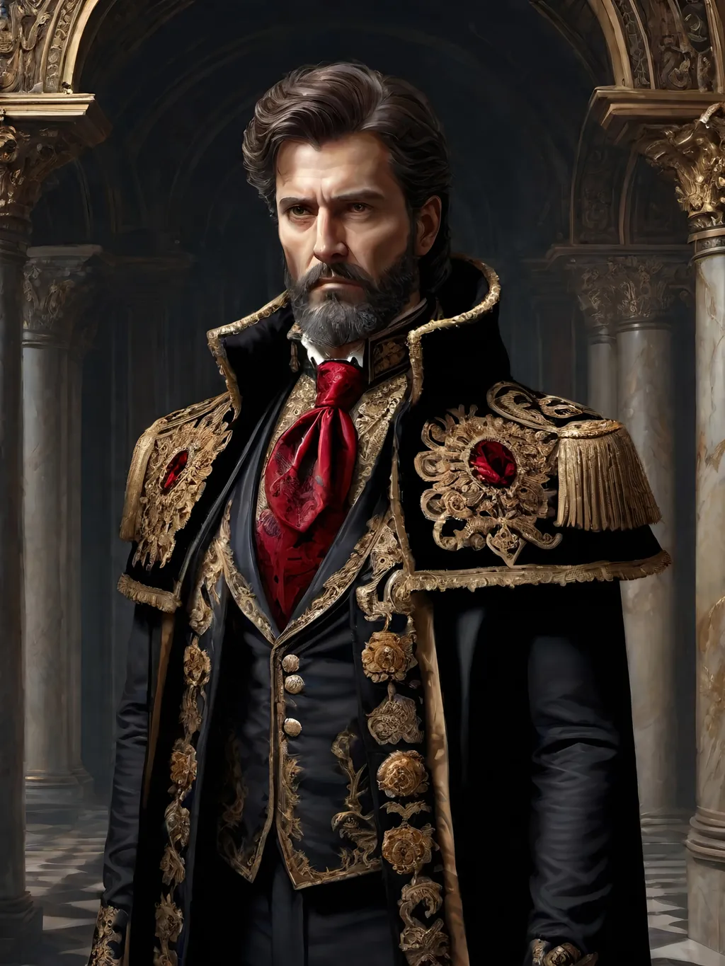 Prompt: (full-body) oil painting of male human Warhammer 40k noble in ornate well-appointed royal palace, dark moody atmospheric lighting, dark gothic fantasy architecture, , highly detailed background, dark gritty tones, highly detailed, professional illustration, painted, art, painterly, impressionist brushwork, thick brown styled hair, full brown styled beard, ((piercing brown eyes)), dark rich wood, ornate columns, intricate marble flooring, high detailed background, professional, warhammer 40k imperium of man, wh40k, imperial palace, imperium of man aquila decoration, ornate posh royal noble clothes, (ruffled white dress shirt), intricate embroidered black-and-gold cravat necktie, fancy ((black fur mantle) with animal head), ornate noble's black (great-cloak), fancy ornate jeweled rings, fancy gold coat-of-arms (brooch), intricately embroidered (red waistcoat), ornate fancy noble's (trench-coat), (Valeriy Vegera art style), ((highly detailed facial features)), royal epic stately standing pose, ornate fancy gold jeweled rings on fingers, 