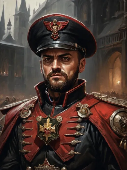 Prompt: (Full-body) oil painting portrait of human male ((Warhammer 40k commissar)) shouting and giving orders to a {40k imperial guard regiment} in background, short thick (brown hair), thick full (brown beard), (((Warhammer 40k))), wh40k, fierce expression, Stoic epic standing pose, (piercing brown eyes), professional illustration, painted, art, painterly, {40k imperial guard commissar}, ((heavy flak armor)) {chest piece} breastplate, ornate red and black trench-coat decorated with military medals, ornate military epaulets with ({gold tassels}), ornate (({40k commissar hat})), highly detailed eyes and facial features, (dark tones), highly detailed dark war zone background, impressionist brushwork, dark battlefield background, outside, exterior, astra militarum imperial guard, active war zone background, (wh40k imperial guard) regiment firing lasguns at enemy in background, grimdark, gothic fantasy, ornate officer's shoulder cape, highly detailed hands, worry lines, wizened, (40k {imperial guardsmen} {astra militarum} in background), 
