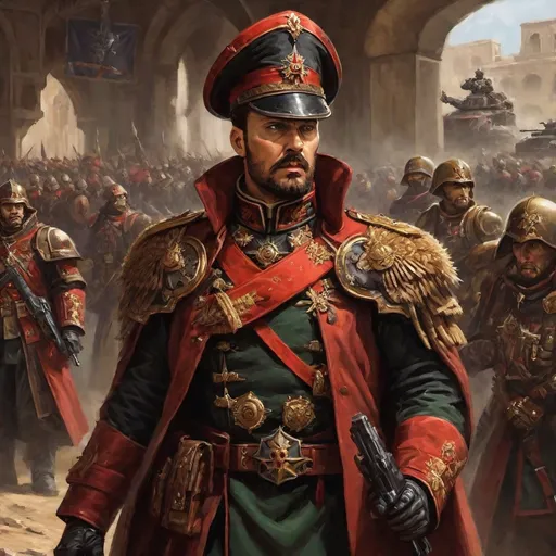 Prompt: (Full-body) oil painting portrait of human male ((Warhammer 40k commissar)) shouting and giving orders to a {40k imperial guard regiment} in background, short thick (brown hair), thick full (brown beard), (((Warhammer 40k))), wh40k, fierce expression, Stoic epic standing pose, (piercing brown eyes), professional illustration, painted, art, painterly, {40k imperial guard commissar}, ((heavy flak armor)) {chest piece} breastplate, ornate red and black trench-coat decorated with military medals, ornate military epaulets with ({gold tassels}), ornate (({40k commissar hat})), highly detailed eyes and facial features, (dark tones), highly detailed dark war zone background, impressionist brushwork, dark battlefield background, outside, exterior, astra militarum imperial guard, active war zone background, (wh40k imperial guard) regiment firing lasguns at enemy in background, grimdark, gothic fantasy, ornate officer's shoulder cape, highly detailed hands, worry lines, wizened, (40k {imperial guardsmen} {astra militarum} in background), 
