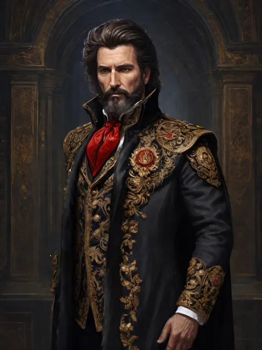 Prompt: (full-body) oil painting of male human Warhammer 40k noble in ornate well-appointed royal palace, dark moody atmospheric lighting, dark gothic fantasy architecture, , highly detailed background, dark gritty tones, highly detailed, professional illustration, painted, art, painterly, impressionist brushwork, thick brown styled hair, full brown styled beard, ((piercing brown eyes)), dark rich wood, ornate columns, intricate marble flooring, high detailed background, professional, warhammer 40k imperium of man, wh40k, imperial palace, imperium of man aquila decoration, ornate posh royal noble clothes, (ruffled white dress shirt), intricate embroidered black-and-gold cravat necktie, fancy ((black fur mantle) with animal head), ornate noble's black (great-cloak), fancy ornate jeweled rings, fancy gold coat-of-arms (brooch), intricately embroidered (red waistcoat), ornate fancy noble's (trench-coat), (Valeriy Vegera art style), ((highly detailed facial features)), royal epic stately standing pose, ornate fancy gold jeweled rings on fingers, 