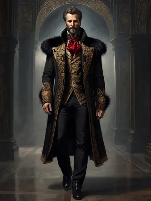 Prompt: (full-body) oil painting of male human Warhammer 40k noble in ornate well-appointed royal palace, dark moody atmospheric lighting, dark gothic fantasy architecture, , highly detailed background, dark gritty tones, highly detailed, professional illustration, painted, art, painterly, impressionist brushwork, thick brown styled hair, full brown styled beard, piercing brown eyes, dark rich wood, ornate columns, intricate marble flooring, high detailed background, professional, warhammer 40k imperium of man, wh40k, imperial palace, imperium of man aquila decoration, ornate posh royal noble clothes, (ruffled white dress shirt), intricate embroidered black-and-gold cravat necktie, fancy ((black fur mantle) with animal head), ornate noble's black (great-cloak), fancy ornate jeweled rings, fancy gold coat-of-arms (brooch), intricately embroidered (red waistcoat), ornate fancy noble's (trench-coat), (Valeriy Vegera art style), ((highly detailed facial features)), royal epic stately standing pose, 