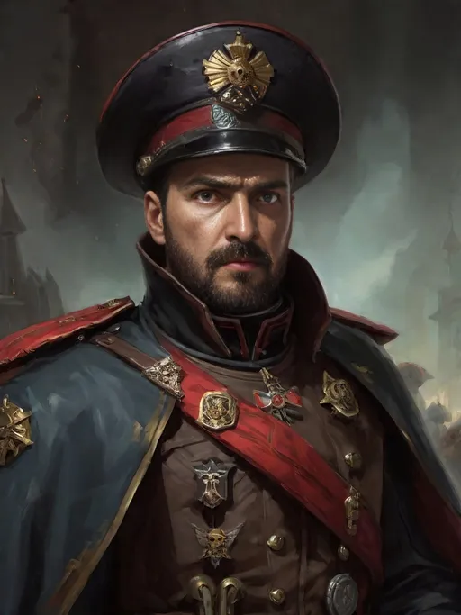 Prompt: (Full-body) oil painting portrait of human male ((Warhammer 40k commissar)) shouting and giving orders to a {40k imperial guard regiment} in background, short thick (brown hair), thick full (brown beard), (((Warhammer 40k))), wh40k, fierce expression, Stoic epic standing pose, (piercing brown eyes), professional illustration, painted, art, painterly, {40k imperial guard commissar}, ((heavy flak armor)) {chest piece} breastplate, ornate red and black trench-coat decorated with military medals, ornate military epaulets with ({gold tassels}), ornate (({40k commissar hat})), highly detailed eyes and facial features, (dark tones), highly detailed dark war zone background, impressionist brushwork, dark battlefield background, outside, exterior, astra militarum imperial guard, active war zone background, (wh40k imperial guard) regiment firing lasguns at enemy in background, grimdark, gothic fantasy, ornate officer's shoulder cape, highly detailed hands, worry lines, wizened, (40k {imperial guardsmen} {astra militarum} in background), 
