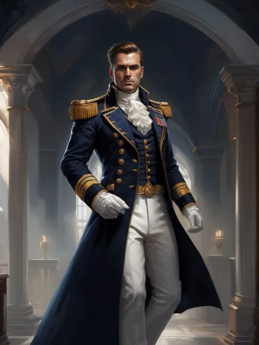 Prompt: (Full-body) hyper-realistic oil painting portrait of wizened male (Warhammer 40k Navy Officer) wearing dress uniform standing in (wh40k voidship interior), (white dress shirt), ((white waistcoat)), gold pocket-watch chain, ornate ((knee-length tunic navy dress uniform)), ((navy dress uniform greatcoat)), naval officer ornate (epaulets with gold tassels), leather red-brown dress shoes, (white pants), detailed high gothic architecture, dark gritty tones, dark atmospheric lighting, professional illustration, art, painted, painterly, (worry lines in forehead), brown thick crew cut, ((brown thick styled beard)), (wh40k), Warhammer, (wh40k voidship), interior, inside, fierce confident expression, highly detailed piercing ((brown eyes)), ((highly detailed facial features)), stoic standing pose, white gloves, (Valeriy Vegera art style), (highly detailed background), high detail, 