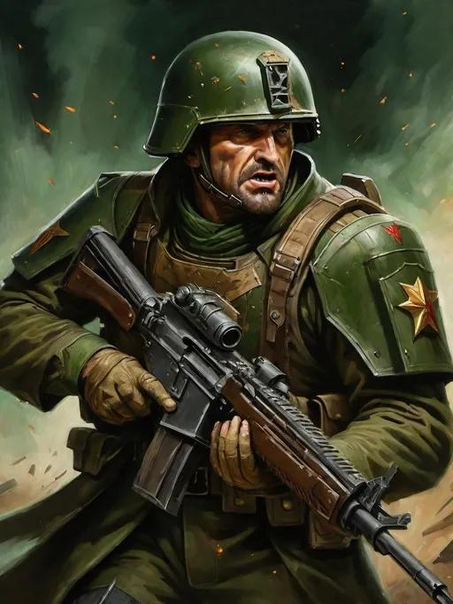 Prompt: Full-body oil painting of wizened human male Warhammer 40k Cadian shock trooper veteran leading a charge (pointing forward) and barking orders, illustrated in (Lewis Jones art style), (simple m1 flak helmet), dark green wh40k Cadian flak heavy body armor, 40k military duty fatigues, high detail facial features, fierce angry expression, captain rank insignia, imperial Aquila decoration, dark gritty tones, dark atmospheric lighting, imperial guard firing line in background with dense laser beams, short thick brown crew cut, full styled brown beard, piercing brown eyes, subject wearing heavy 40k flak armor, professional illustration, wh40k imperium of mankind, astra militarum, imperial guard, planetary guard, painterly, painted, art, impressionist brushwork, 