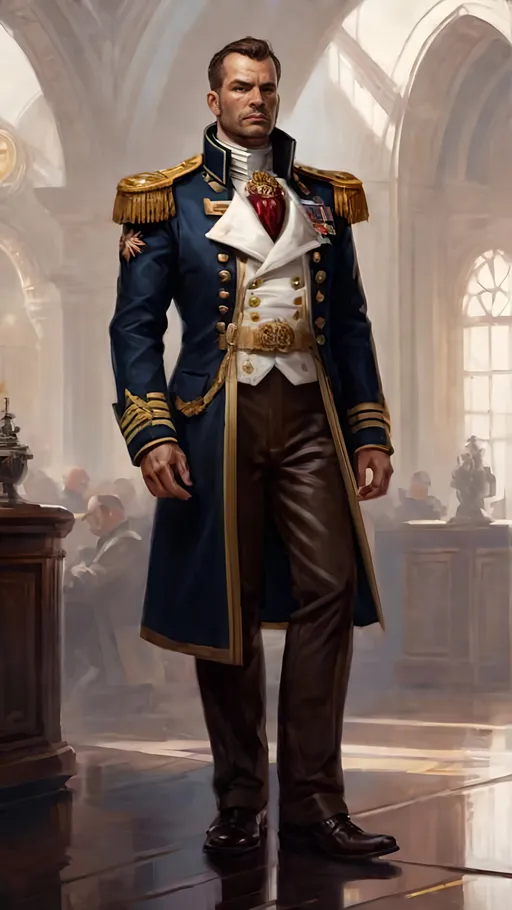 Prompt: (Full-body) oil painting portrait of (wizened) male Warhammer 40k Navy Officer standing in voidship interior, Warhammer 40k imperial navy officer dress uniform, (white dress shirt) (ornate navy tunic) (ornate navy greatcoat with ornate naval epaulets with gold tassels), ((dark red-brown leather dress shoes)), dress uniform (white pants), high gothic architecture, dark gritty tones, dark atmospheric lighting, professional illustration, art, painted, painterly, impressionist brushwork, worry lines in forehead, brown thick crew cut, brown thick styled beard, (wh40k), Warhammer, (wh40k voidship), interior, inside, fierce confident expression, highly detailed piercing ((brown eyes)), ((highly detailed facial features)), stoic standing pose, white gloves, Valeriy Vegera art style, (highly detailed background), high detail, 