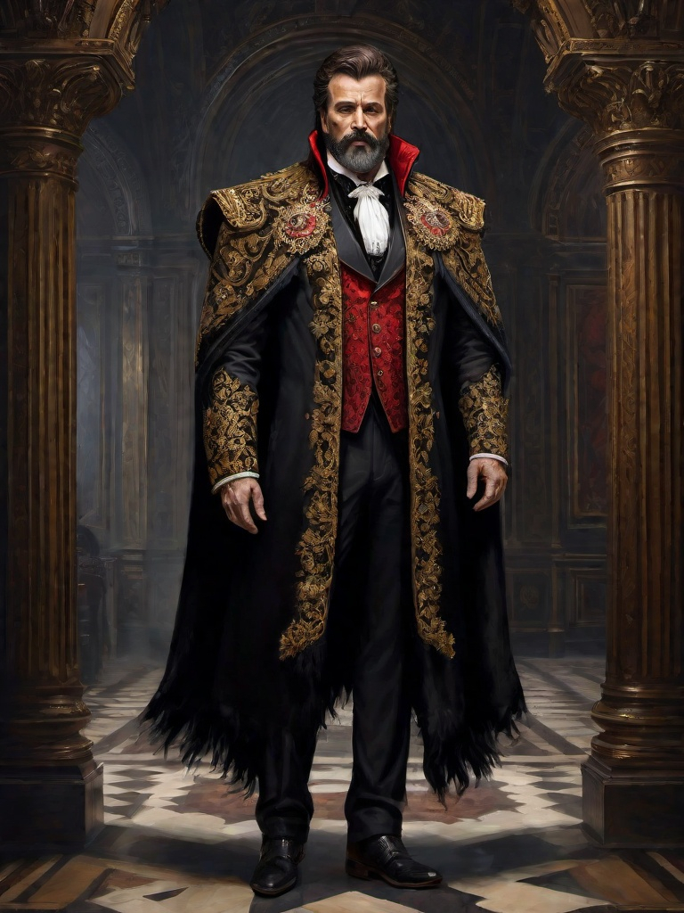 Prompt: (full-body) oil painting of male human Warhammer 40k noble in ornate well-appointed royal palace, dark moody atmospheric lighting, dark gothic fantasy architecture, , highly detailed background, dark gritty tones, highly detailed, professional illustration, painted, art, painterly, impressionist brushwork, thick brown styled hair, full brown styled beard, ((piercing brown eyes)), dark rich wood, ornate columns, intricate marble flooring, high detailed background, professional, warhammer 40k imperium of man, wh40k, imperial palace, imperium of man aquila decoration, ornate posh royal noble clothes, (ruffled white dress shirt), intricate embroidered black-and-gold cravat necktie, fancy ((black fur mantle) with animal head), ornate noble's black (great-cloak), fancy ornate jeweled rings, fancy gold coat-of-arms (brooch), intricately embroidered (red waistcoat), ornate fancy noble's (trench-coat), (Valeriy Vegera art style), ((highly detailed facial features)), royal epic stately standing pose, ornate fancy gold jeweled rings on fingers, 