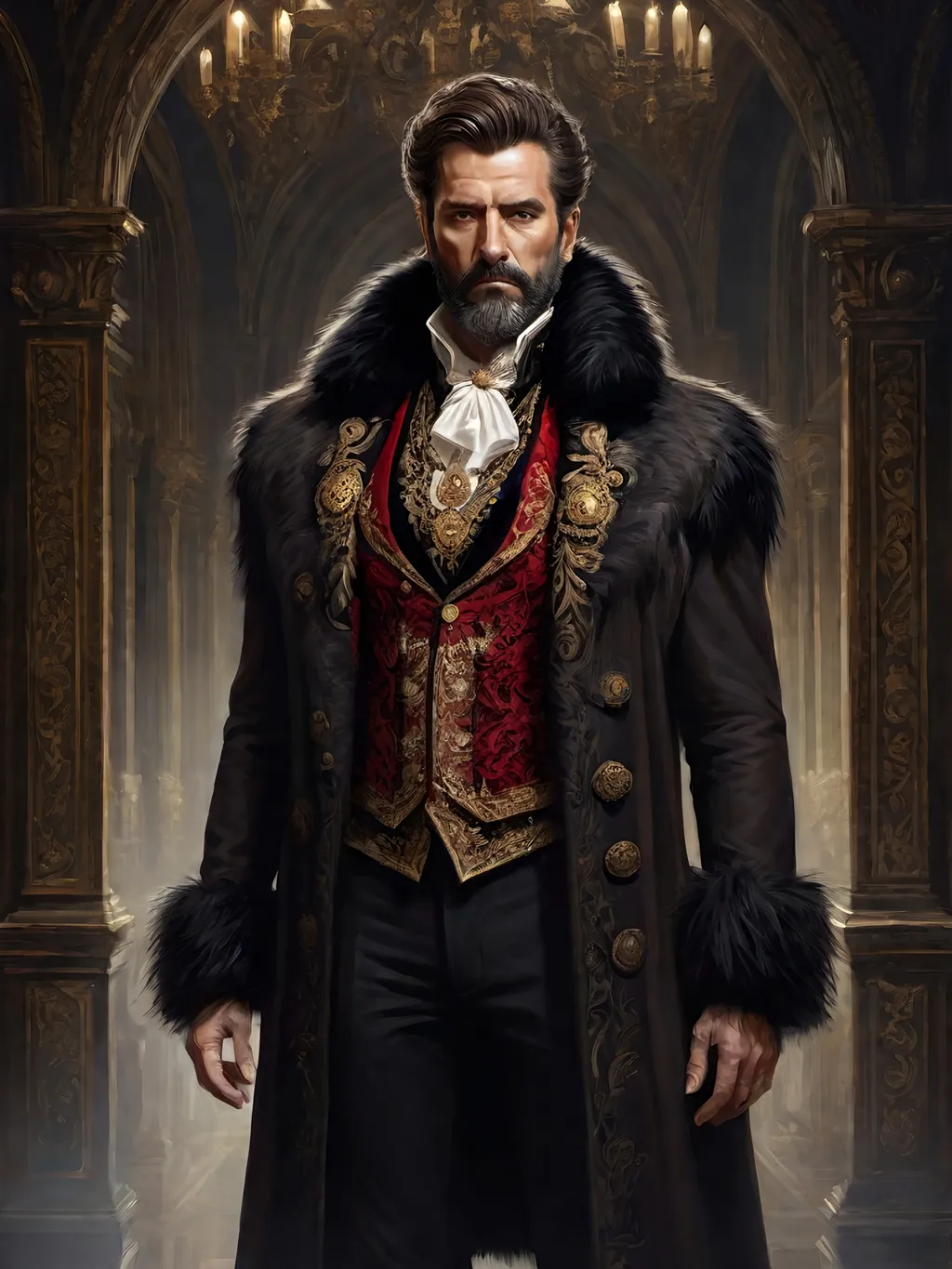 Prompt: (full-body) oil painting of male human Warhammer 40k noble in ornate well-appointed royal palace, dark moody atmospheric lighting, dark gothic fantasy architecture, , highly detailed background, dark gritty tones, highly detailed, professional illustration, painted, art, painterly, impressionist brushwork, thick brown styled hair, full brown styled beard, ((piercing brown eyes)), dark rich wood, ornate columns, intricate marble flooring, high detailed background, professional, warhammer 40k imperium of man, wh40k, imperial palace, imperium of man aquila decoration, ornate posh royal noble clothes, (ruffled white dress shirt), intricate embroidered black-and-gold cravat necktie, fancy ((black fur mantle) with animal head), ornate noble's black (great-cloak), fancy ornate jeweled rings, fancy gold coat-of-arms (brooch), intricately embroidered (red waistcoat), ornate fancy noble's (trench-coat), (Valeriy Vegera art style), ((highly detailed facial features)), royal epic stately standing pose, ornate fancy gold jeweled rings on fingers, 