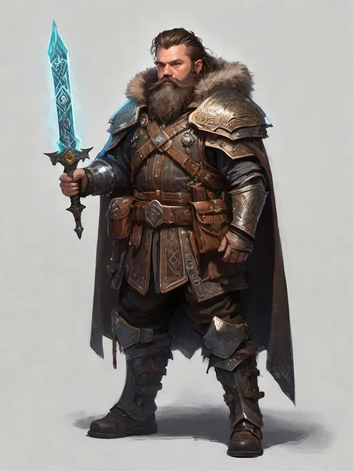 Prompt: electronic painting character portrait of high-fantasy ((male dwarf artificer)) wearing ((dark armored heavy weatherproof greatcloak great-cloak)) over a ((glowing enchanted dwarven runes)) ((metal breastplate)), wearing many utility pouches, wearing magic-punk goggles, wearing heavy gauntlets, standing in a highly-detailed magitek artificer's workshop, in a rich color palette and dark gritty tones, brown hair and beard, fantasy magic-punk magitech magitek aetherpunk, professional illustration, painted painterly art, impressionist brushwork, ((dark metal alloyed carbon-steel armor)), enchanted magical gear and gizmos, holding a magical pistol in right hand, 