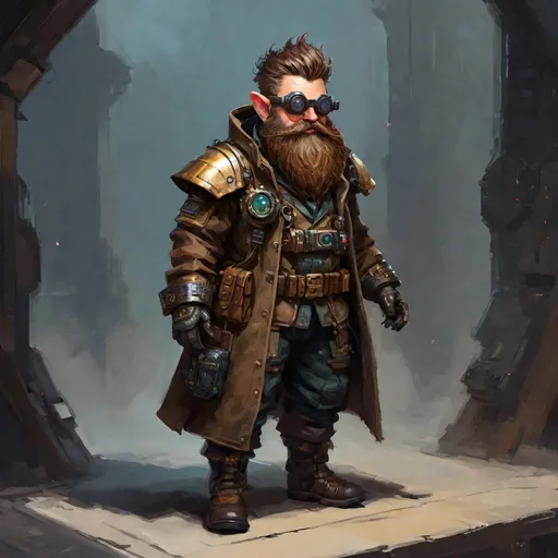 Prompt: electronic painting full-body character portrait of legendary (magitech magic-punk fantasy male gnome artificer) in full magitech magic-punk aetherpunk ((minimalist heavily-armored trench-coat)) over ((heavy magitech breastplate)), wearing (hi-tech magitech goggles), rich color palette and dark gritty tones, standing in magitech workshop background, high-fantasy gnome, wearing utility pouches and magitech gadgets, brown hair and brown beard, professional illustration, painted painterly art, 