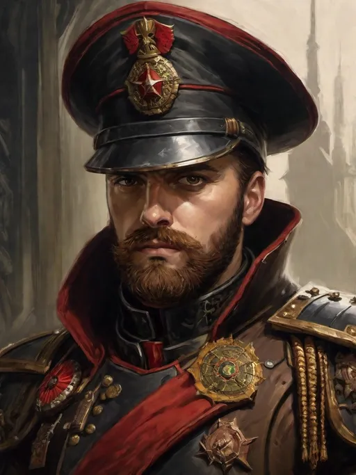 Prompt: (Full-body) oil painting portrait of human male ((Warhammer 40k commissar)), ({40k imperial guard regiment}) in background, short thick (brown hair), thick full (brown beard), ((Warhammer 40k)), wh40k, fierce expression, highly detailed (piercing brown eyes), professional illustration, painted, art, painterly, {40k imperial guard commissar}, ((heavy flak armor conquistador chest piece breastplate)), ornate red and black trench-coat decorated with military medals, ornate military epaulets with ({gold tassels}), ornate ((({40k commissar hat}))) officer hat, (highly detailed facial features), (dark tones), highly detailed dark active battlefield {war zone} background, impressionist brushwork, outside, exterior, astra militarum imperial guard background, (wh40k imperial guard), grimdark, gothic fantasy, ornate officer's shoulder cape, highly detailed hands, worry lines, wizened,