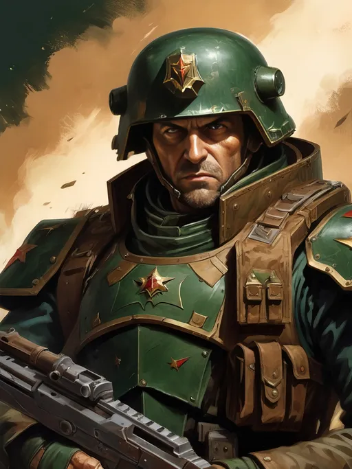 Prompt: Full-body oil painting of wizened human male Warhammer 40k ((Cadian shock trooper)) veteran leading a charge (pointing forward) and barking orders (simple m1 flak helmet), Cadian Kasrkin, dark green wh40k Cadian blocky flak armor, 40k military duty fatigues, (((highly detailed facial features))), fierce angry expression, (captain rank insignia on shoulder), (imperial Aquila decoration on breastplate), dark gritty tones, dark atmospheric lighting, imperial guard firing line in background with dense laser beams, short thick brown crew cut, full styled brown beard, piercing brown eyes, subject wearing heavy 40k flak armor, professional illustration, wh40k imperium of mankind, astra militarum, imperial guard, planetary guard, painterly, painted, art, ((main subject holding wh40k bolt pistol in right hand and pointing forward with empty left hand)), 