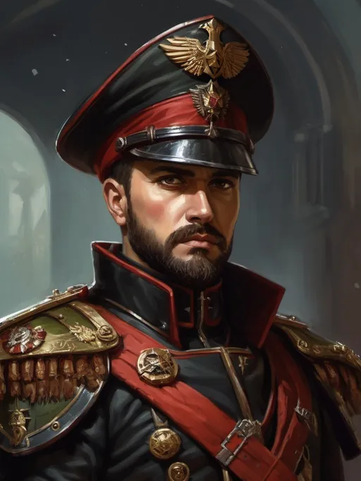 Prompt: (Full-body) oil painting portrait of human male ((Warhammer 40k commissar)), ({40k imperial guard regiment}) in background, short thick (brown hair), thick full (brown beard), ((Warhammer 40k)), wh40k, fierce expression, highly detailed (piercing brown eyes), professional illustration, painted, art, painterly, {40k imperial guard commissar}, ((heavy flak armor conquistador chest piece breastplate)), ornate red and black trench-coat decorated with military medals, ornate military epaulets with ({gold tassels}), ornate ((({40k commissar hat}))) officer hat, (highly detailed facial features), (dark tones), highly detailed dark active battlefield {war zone} background, impressionist brushwork, outside, exterior, astra militarum imperial guard background, (wh40k imperial guard), grimdark, gothic fantasy, ornate officer's shoulder cape, highly detailed hands, worry lines, wizened,