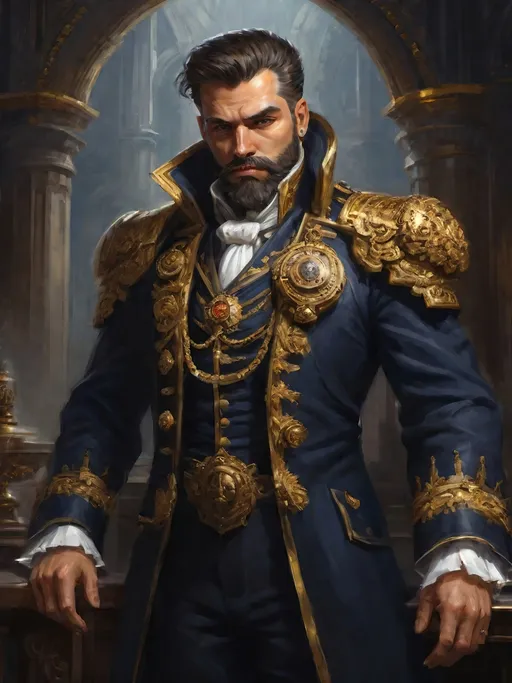 Prompt: (Full-body) oil painting portrait of wizened male (Warhammer 40k Naval Officer) wearing dress uniform standing in (wh40k voidship interior), (white dress shirt), gold pocket-watch chain, (navy knee-length tunic vest), navy blue great-cloak with gold-striped cuffs, naval admiral ornate (epaulets with gold tassels), leather red-brown dress shoes, white pants, detailed high gothic architecture, dark gritty tones, dark atmospheric lighting, professional illustration, art, painted, painterly, (worry lines in forehead), brown thick crew cut, (((thick styled brown beard))), (wh40k), Warhammer, (wh40k voidship), interior, inside, fierce confident expression, highly detailed piercing ((brown eyes)), ((highly detailed facial features)), stoic standing pose, white gloves, (Valeriy Vegera art style), (highly detailed background), high detail, ornate detailed gold medallion on gold chain around neck, dark wood interior, dark stone floor, ornate columns, double barrel-vaulted ceiling, impressionist brush strokes, soft highlights, soft shadows, white cravat, 