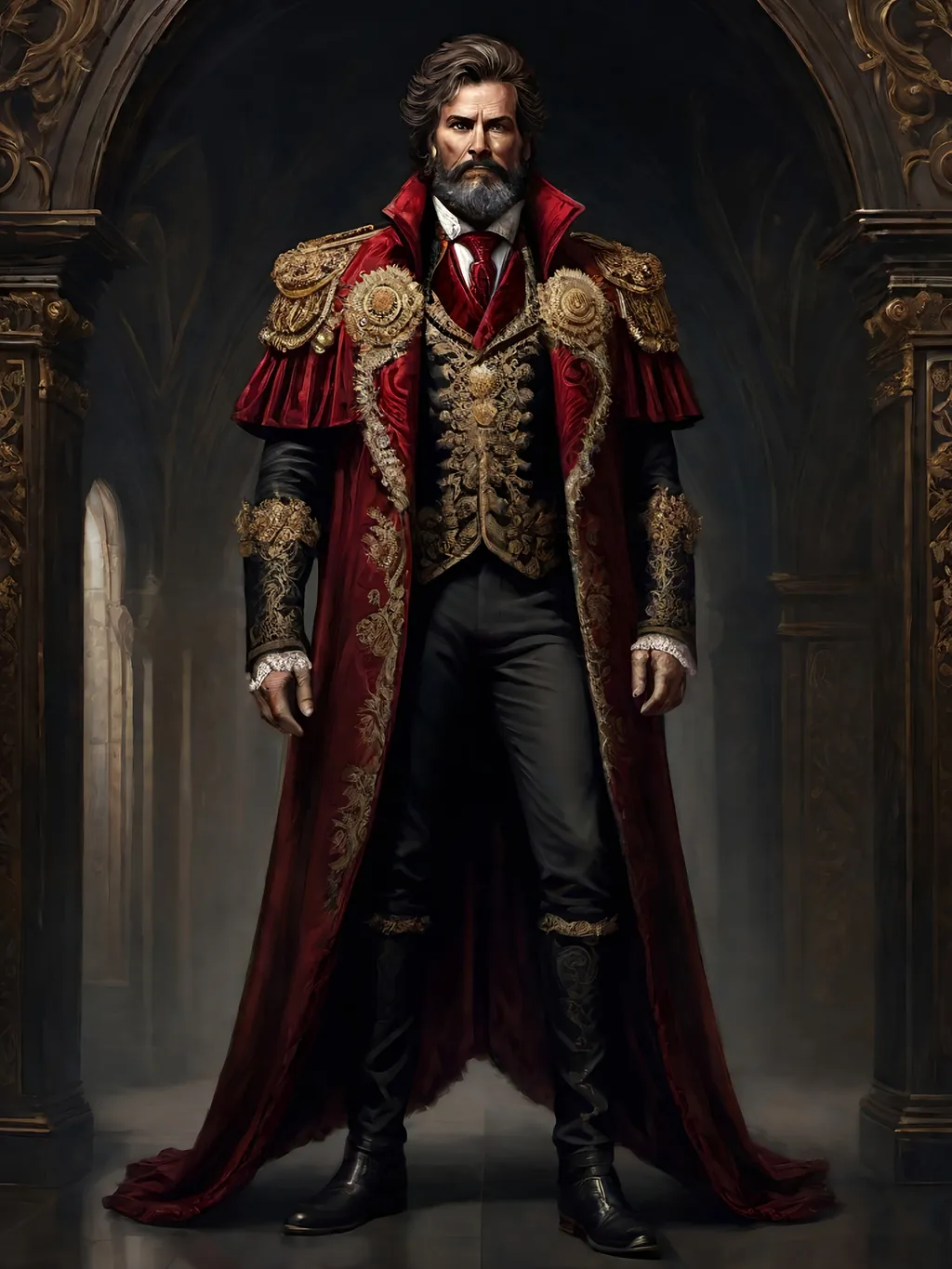 Prompt: (full-body) oil painting of male human Warhammer 40k noble in ornate well-appointed royal palace, dark moody atmospheric lighting, dark gothic fantasy architecture, , highly detailed background, dark gritty tones, highly detailed, professional illustration, painted, art, painterly, impressionist brushwork, thick brown styled hair, full brown styled beard, ((piercing brown eyes)), dark rich wood, ornate columns, intricate marble flooring, high detailed background, professional, warhammer 40k imperium of man, wh40k, imperial palace, imperium of man aquila decoration, ornate posh royal noble clothes, (ruffled white dress shirt), intricate embroidered black-and-gold cravat necktie, fancy ((black fur mantle) with animal head), ornate noble's black (great-cloak), fancy ornate jeweled rings, fancy gold coat-of-arms (brooch), intricately embroidered (red waistcoat), ornate fancy noble's (trench-coat), (Valeriy Vegera art style), ((highly detailed facial features)), royal epic stately standing pose, ornate fancy gold jeweled rings on fingers, 