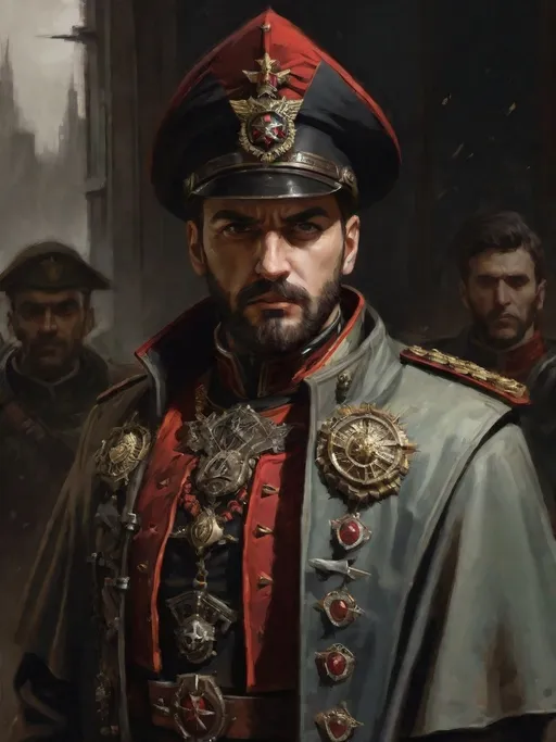 Prompt: (Full-body) oil painting portrait of human male ((Warhammer 40k commissar)) shouting and giving orders to a {40k imperial guard regiment} in background, short thick (brown hair), thick full (brown beard), (((Warhammer 40k))), wh40k, fierce expression, Stoic epic standing pose, (piercing brown eyes), professional illustration, painted, art, painterly, {40k imperial guard commissar}, ((heavy flak armor)) {chest piece} breastplate, ornate red and black trench-coat decorated with military medals, ornate military epaulets with ({gold tassels}), ornate (({40k commissar hat})), highly detailed eyes, (highly detailed facial features), (dark tones), highly detailed dark war zone background, impressionist brushwork, dark battlefield background, outside, exterior, astra militarum imperial guard, active war zone background, (wh40k imperial guard) regiment in background, grimdark, gothic fantasy, ornate officer's shoulder cape, highly detailed hands, worry lines, wizened, (40k {imperial guardsmen} {astra militarum} in background), 
