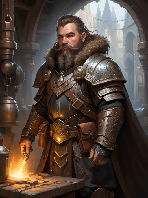 Prompt: electronic painting character portrait of high-fantasy ((male dwarf artificer)) wearing ((dark armored heavy weatherproof greatcloak great-cloak)) over a ((glowing enchanted dwarven runes)) ((metal breastplate)), wearing many utility pouches, wearing magic-punk goggles, wearing heavy gauntlets, standing in a highly-detailed magitek artificer's workshop, in a rich color palette and dark gritty tones, brown hair and beard, fantasy magic-punk magitech magitek aetherpunk, professional illustration, painted painterly art, impressionist brushwork, ((dark metal alloyed carbon-steel armor)),