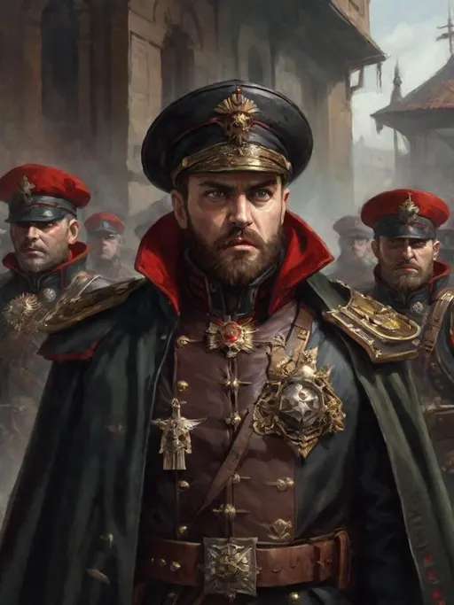 Prompt: (Full-body) oil painting portrait of human male ((Warhammer 40k commissar)) shouting and giving orders to a {40k imperial guard regiment} in background, short thick (brown hair), thick full (brown beard), (((Warhammer 40k))), wh40k, fierce expression, Stoic epic standing pose, (piercing brown eyes), professional illustration, painted, art, painterly, {40k imperial guard commissar}, ((heavy flak armor)) {chest piece} breastplate, ornate red and black trench-coat decorated with military medals, ornate military epaulets with ({gold tassels}), ornate (({40k commissar hat})), highly detailed eyes and facial features, (dark tones), highly detailed dark war zone background, impressionist brushwork, dark battlefield background, outside, exterior, astra militarum imperial guard, active war zone background, (wh40k imperial guard) regiment firing lasguns at enemy in background, grimdark, gothic fantasy, ornate officer's shoulder cape, highly detailed hands, worry lines, wizened, (40k {imperial guardsmen} {astra militarum} in background), 
