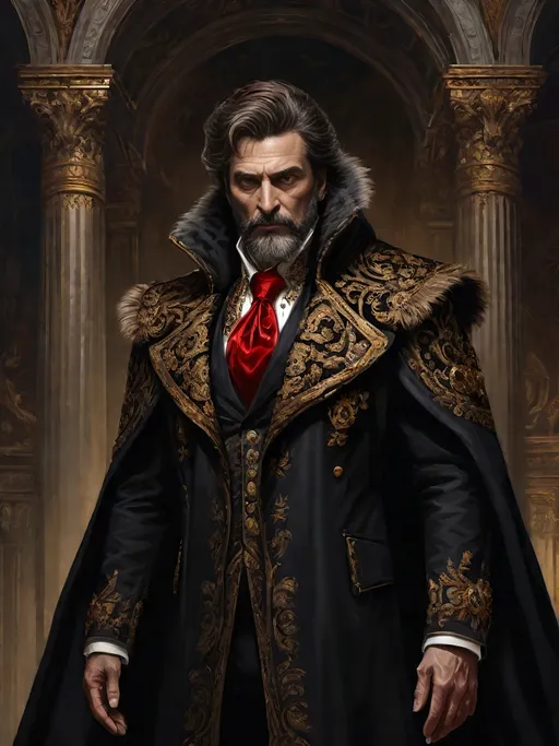 Prompt: (full-body) oil painting of male human Warhammer 40k noble in ornate well-appointed royal palace, dark moody atmospheric lighting, dark gothic fantasy architecture, , highly detailed background, dark gritty tones, highly detailed, professional illustration, painted, art, painterly, impressionist brushwork, thick brown styled hair, full brown styled beard, ((piercing brown eyes)), dark rich wood, ornate columns, intricate marble flooring, high detailed background, professional, warhammer 40k imperium of man, wh40k, imperial palace, imperium of man aquila decoration, ornate posh royal noble clothes, (ruffled white dress shirt), intricate embroidered black-and-gold cravat necktie, fancy ((black fur mantle) with animal head), ornate noble's black (great-cloak), fancy ornate jeweled rings, fancy gold coat-of-arms (brooch), intricately embroidered (red waistcoat), ornate fancy noble's (trench-coat), (Valeriy Vegera art style), ((highly detailed facial features)), royal epic stately standing pose, ornate fancy gold jeweled rings on fingers, 