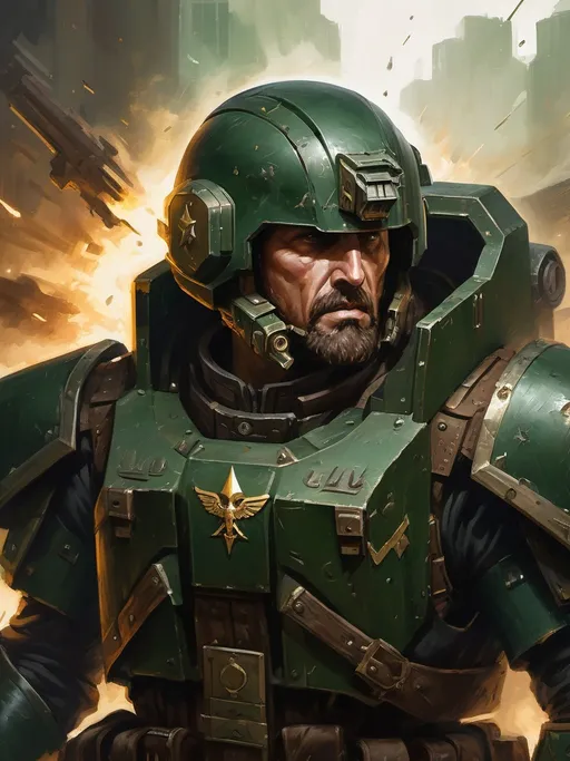 Prompt: Full-body oil painting of wizened human male Warhammer 40k ((Cadian shock trooper)) veteran leading a charge (pointing forward) and barking orders (simple m1 flak helmet), dark green wh40k Cadian blocky (flak body armor), 40k military duty fatigues, (((highly detailed facial features))), fierce angry expression, (captain rank insignia on shoulder), (imperial Aquila decoration on breastplate), dark gritty tones, dark atmospheric lighting, imperial guard firing line in background with dense laser beams, short thick brown crew cut, full styled brown beard, piercing brown eyes, subject wearing heavy 40k flak armor, professional illustration, wh40k imperium of mankind, astra militarum, imperial guard, planetary guard, painterly, painted, art, ((main subject holding wh40k bolt pistol in right hand and pointing forward with empty left hand)), 